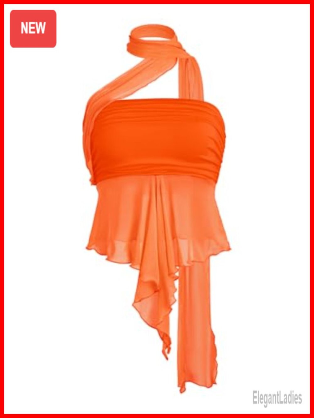 Women's Sheer Mesh Ruffle Trim Halter Ruched Y2K Crop Top